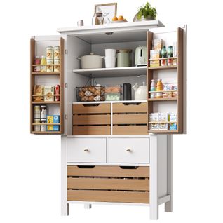 Buffet Haut - Cuisine - 2 Portes - 5 Tiroirs - Rangement Vaisselle Et Ustensiles - Mdf+métal - Blanc