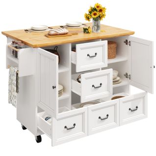 Îlot De Cuisine Sur Roulettes - Tiroirs - Portes - Étagères Réglables - Porte-serviettes - Blanc