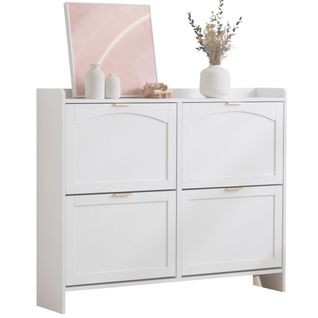 Meuble à Chaussures - 4 Compartiments Abattants - Étagère Ouverte - Rangement - Mdf - Blanc