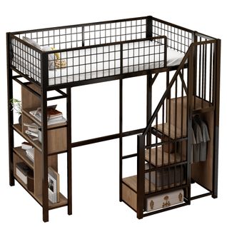 Lit Mezzanine 90x200 Cm -lit Métal Multifonction Avec Rangement, Étagères Et Escalier Sécurisé -noir