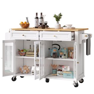 Îlot De Cuisine Sur Roulettes - Meuble Mobile - Plan Effet Bois - Tiroirs Fermés - Moderne - Blanc