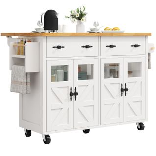 Îlot De Cuisine - Buffet Multifonction - Tablette Latérale - Chariot Intégré - Moderne - Blanc