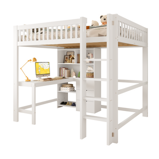 Lit Mezzanine Ado 140x200 Cm - Bureau - Espace De Rangement - Bois De Pin - Blanc