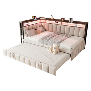 Lit Gigogne 90x200 - Lit Multifonction Avec Sommier à Lattes - LED Et Rangement - Velours Beige