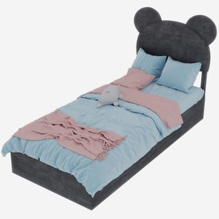 Lit Coffre 90x200 Cm - Enfant - Hydraulique Et Tête Cartoon Capitonnée - Rangement - Velours - Gris