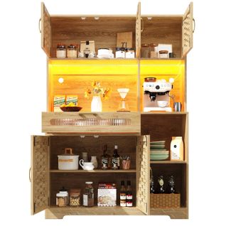 Buffet Haut - Meuble Cuisine Et Salon - Vitrine -tiroirs - Portes - LED - USB - Mdf - Verre -naturel