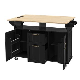 Îlot De Cuisine Multifonction - Extensible - Tiroirs - Porte-serviette - Prise - Mdf - Noir/nature