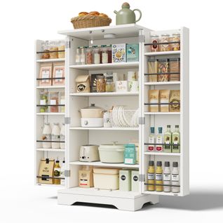 Buffet De Rangement Avec LED Détecteur - Double Porte - Étagères Réglables - Meuble Pratique - Blanc