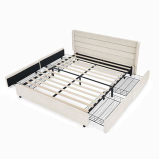 Lit Double 160x200 Cm - Lit Capitonné - Rangement Intégré - Fonctionnel Chambre Adulte - Beige