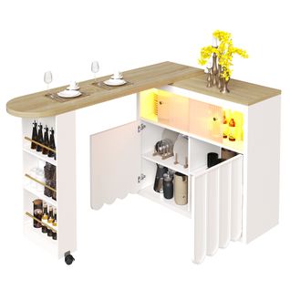 Table Bar - Meuble Bar Moderne - Portes Vitrées Coulissantes - LED Intégrée - Roulettes - Mdf -blanc