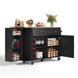 Îlot De Cuisine - Plateau Pliable - Roulettes Verrouillables - Rangements Bouteilles Et Verres -noir