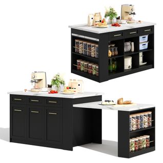 Îlot De Cuisine - Chariot Table Extensible - 3 Tiroirs - 3 Compartiments - Noir Et Blanc