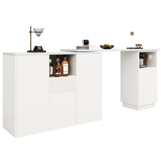 Table Bar - Meuble Bar 360° - Rangement Intégré - Plan Effet Marbre - Îlot Cuisine En L - Mdf- Blanc