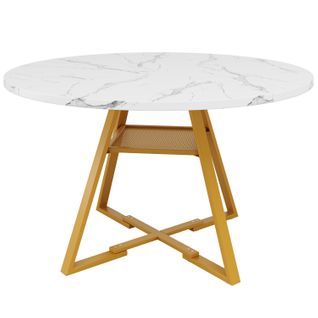Table à Manger Ronde - Plateau Effet Marbre - Rangement - Pieds Métalliques Réglables - Mdf - Blanc