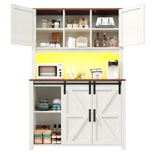 Buffet Haut Et Vitrine - Portes Coulissantes - LED - Grande Capacité -armoire Rangement -mdf - Blanc