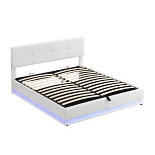 Lit Coffre 180x200 Cm - Lit Double Avec LED - Rangement Hydraulique - Simili Cuir - Blanc