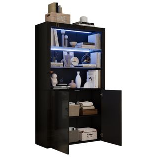 Vitrine - LED - Buffet Haut - Éclairage Intégré - Étagères Verre - Meuble Rangement - Noir