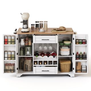 Îlot De Cuisine - Plateau Rabattable - Porte-serviettes - Étagères Pratiques - Mdf - Blanc