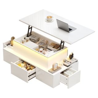 Table Basse Blanche - Relevable Avec Tiroirs De Rangement Et Bande LED, Mdf