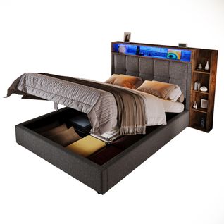 Lit Coffre 90x200 Cm Enfant/ado - Lit Capitonné Avec Coffre Relevable - LED Intégrée - Lin - Gris