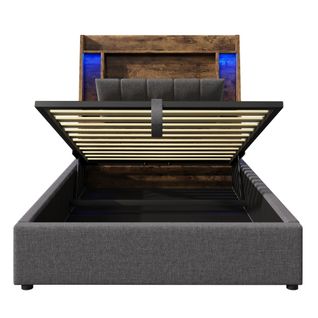 Lit Coffre 90x200 Cm Enfant/ado - Coffre Relevable - LED Et Port USB Type-c - Tissu Lin - Gris