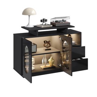 Buffet Moderne 2 En 1 Avec LED Et Portes Vitrées - Meuble De Rangement Noir Brillant Pour Salon