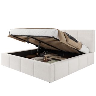 Lit Coffre 180x200 Cm - Lit Avec Sommier à Lattes - Tête Capitonnée - Rangement - Bouclé - Beige