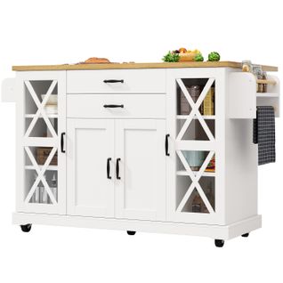 Meuble De Cuisine Mobile, Îlot Avec 4 Portes Dont 2 Vitrées, 2 Tiroirs Et Étagères Réglables, Blanc