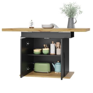 Table à Manger Extensible - 4 à 6 Personnes - Rangement Intégré - Mdf Et Métal - Noir Et Naturel