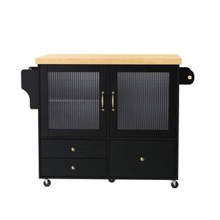 Îlot De Cuisine - Avec Roulettes Table Extensible - Porte-verres - Mdf - Noir