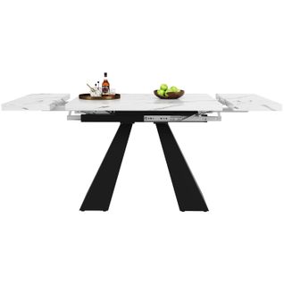 Table à Manger Rectangulaire Extensible - Effet Marbre - Pieds En Colonne - Mdf Et Métal - Blanc