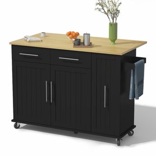 Îlot De Cuisine - 2 Tiroirs - Étagère Coulissante - Porte-serviettes - Pliable Avec Roulettes - Noir