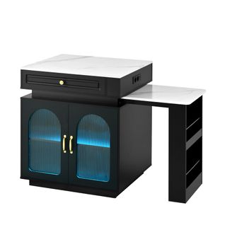 Îlot De Cuisine - Table à Manger Extensible - Éclairage LED Et Prises - Ouvertes Sur Roulettes -noir