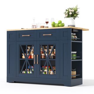 Îlot De Cuisine Pliable - 2 Portes -prises Électriques Et Ports USB - 6 Étagères Ouvertes -mdf -bleu