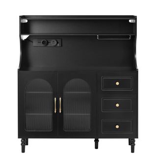 Buffet Haut - Armoire De Rangement - 3 Tiroirs - Porte-verres - Étagères Réglables - Mdf - Noir