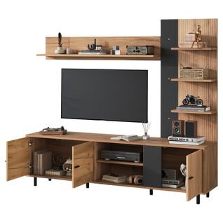 Ensemble Meuble TV - 3 Armoires - Étagères - Compatible TV 80 Pouces - Panneaux Particules - Naturel