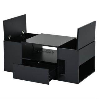 Table Basse Moderne Haute Brillance - LED - Tiroir - Espaces De Rangement Multiples - Noir