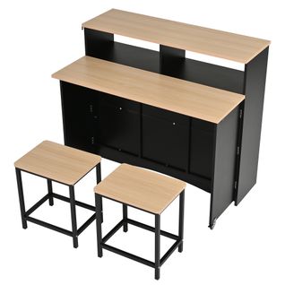 Îlot De Cuisine - Desserte Mobile Sur Roulettes Avec Plateau Rabattable Et 2 Tabourets - Mdf - Noir