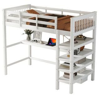 Lit Mezzanine 90x200 Cm Avec Bureau Et Rangements Blanc