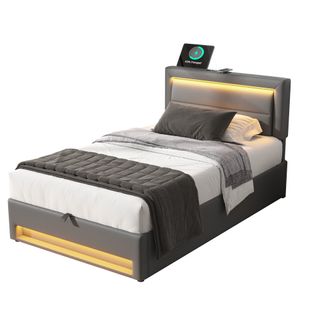 Lit Rembourré 160x190 Cm Avec Ports USB, LED Et Rangement Gris