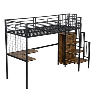 Lit Mezzanine 90x200 Cm Avec Structure En Métal Noir Et Mdf Finition Noyer Foncé