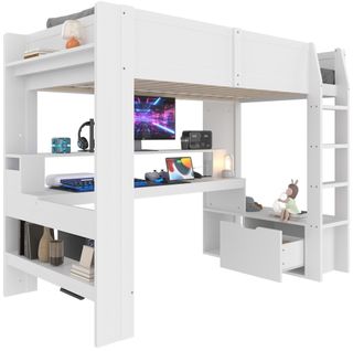 Lit Mezzanine 90x200 Cm Avec Bureau Et Rangements LED Blanc