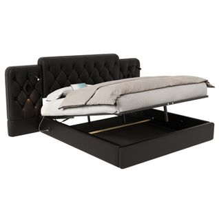 Lit Coffre 180x200 Cm Avec Sommier Relevable Hydraulique Tête De Lit Allongée Noire