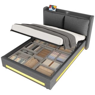 Lit Coffre 140x190 Cm Avec Sommier Relevable Tête De Lit Avec Tablette, Tissu Lin Gris Foncé