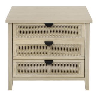 Commode D'appoint 3 Tiroirs, Finition Bois Naturel Avec Tissage En Rotin, Pour Salon, Chambre