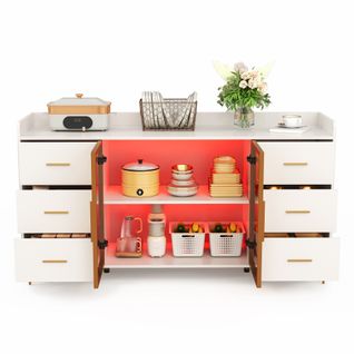 Buffet-chiffonnier Blanc (160x44x87 Cm), 6 Tiroirs, LED Télécommandée, Portes En Verre