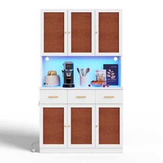 Buffet De Cuisine Blanc (182 Cm) Avec LED, Prises, Portes En Tissu Et Poignées En Bois Massif