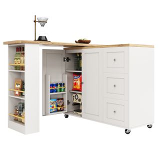 Table Haute Pivotante à 360° Sur Roulettes, Blanche, Avec 3 Tiroirs  (135-203 X 39 X 106 Cm)