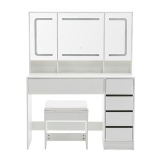 Coiffeuse Multifonction Blanche 5 Tiroirs Avec Miroir LED HD Et Rangement Dissimulé, Tabouret Inclus