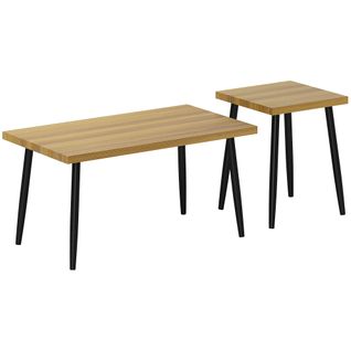 Set De 2 Tables Basses En Bois Aspect Naturel, Plateaux 3 Cm, Pieds Métal Noir Style Industriel